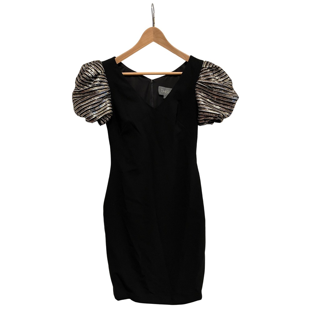 THEIA Black Sheath Dress 4 Metallic Gold Silver Sequin Puff Sleeve Cocktail‎